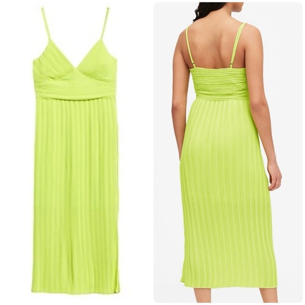 Banana Republic Neon Green Plisse Sleeveless Midi Slip Dress Womens sz 4